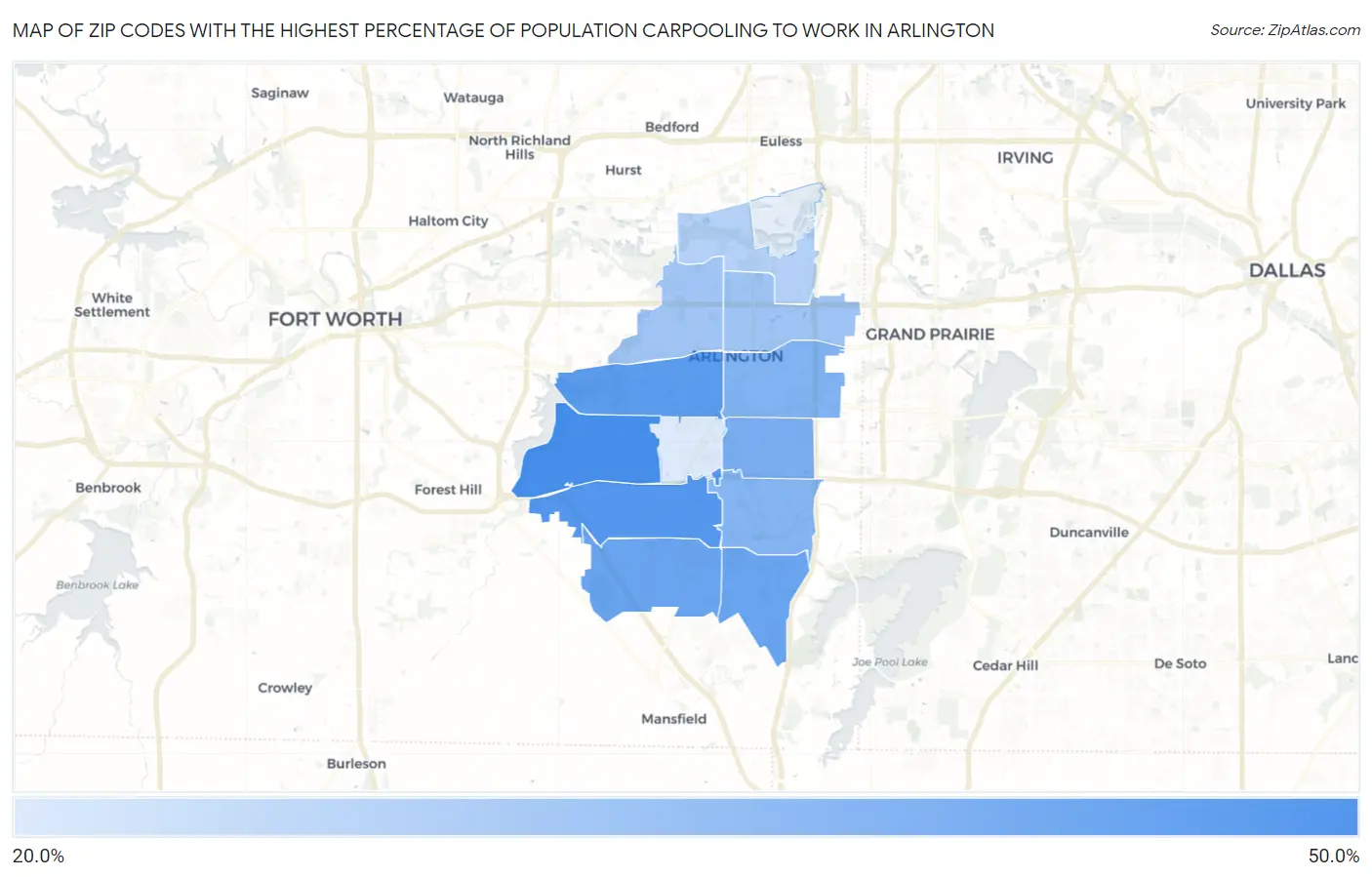 Zip Codes with the Highest Percentage of Population Carpooling to Work in Arlington Map