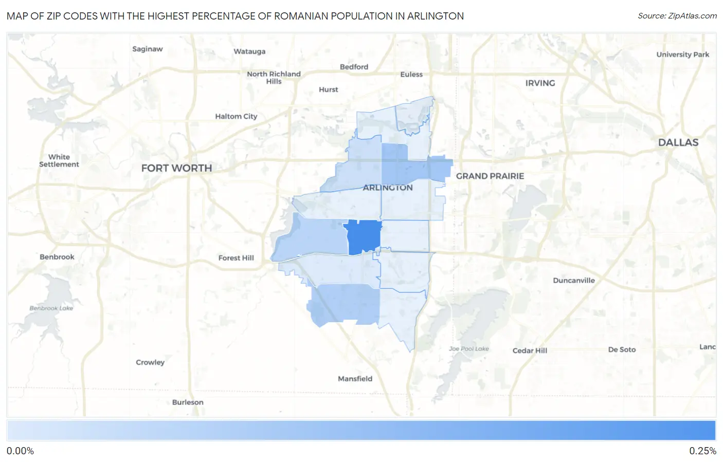 Zip Codes with the Highest Percentage of Romanian Population in Arlington Map