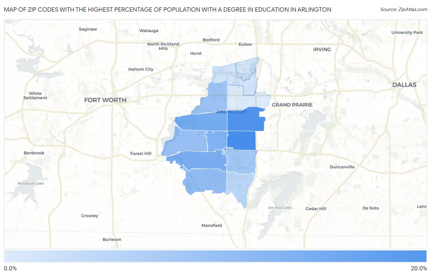 Zip Codes with the Highest Percentage of Population with a Degree in Education in Arlington Map