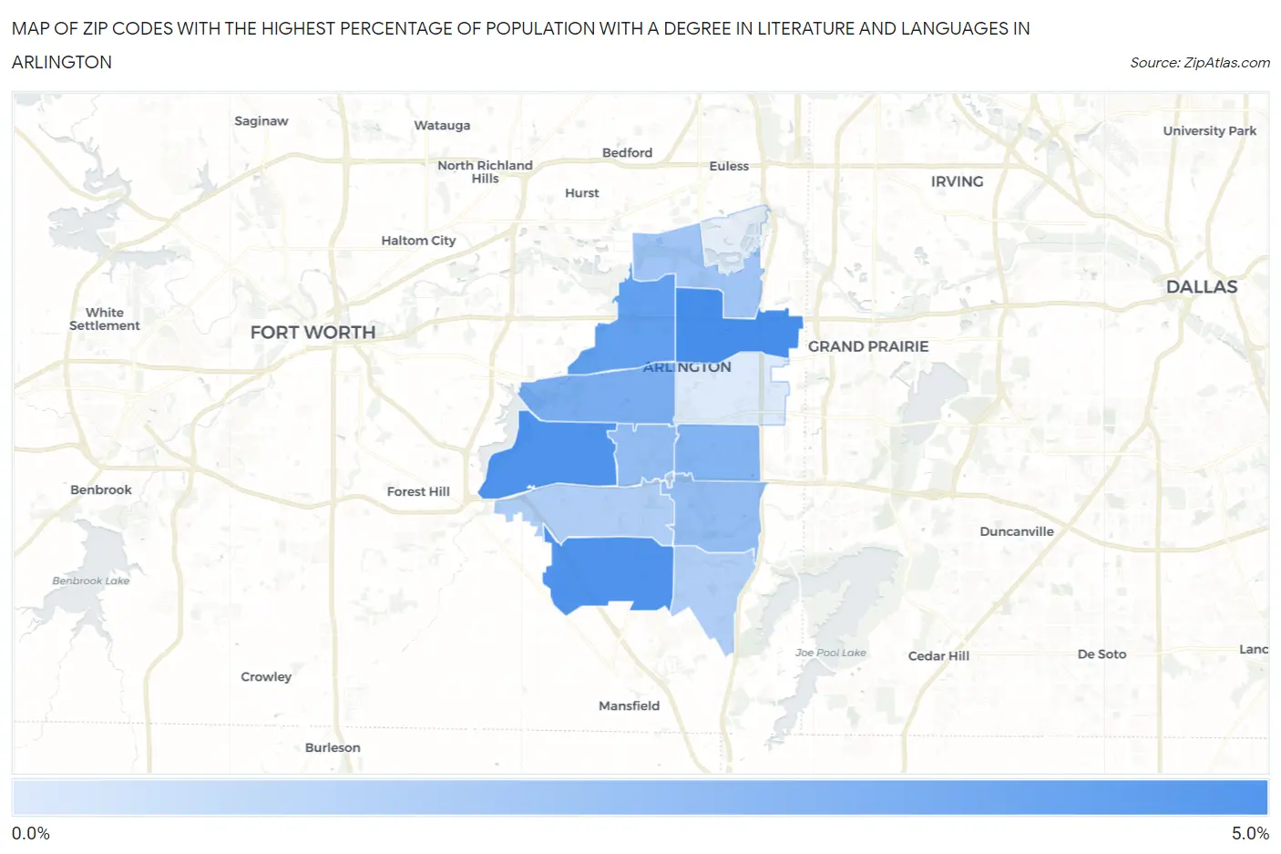 Zip Codes with the Highest Percentage of Population with a Degree in Literature and Languages in Arlington Map