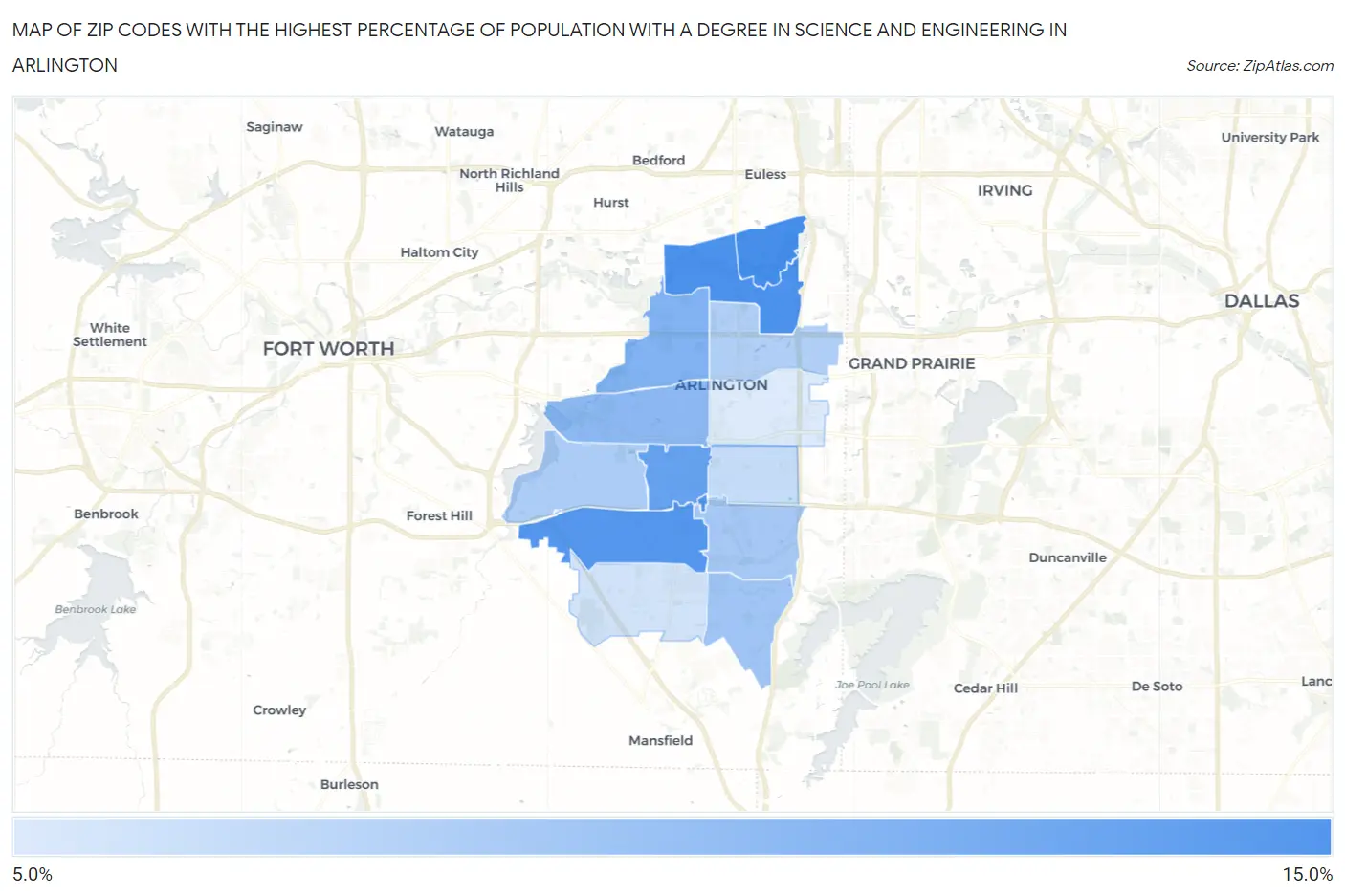 Zip Codes with the Highest Percentage of Population with a Degree in Science and Engineering in Arlington Map