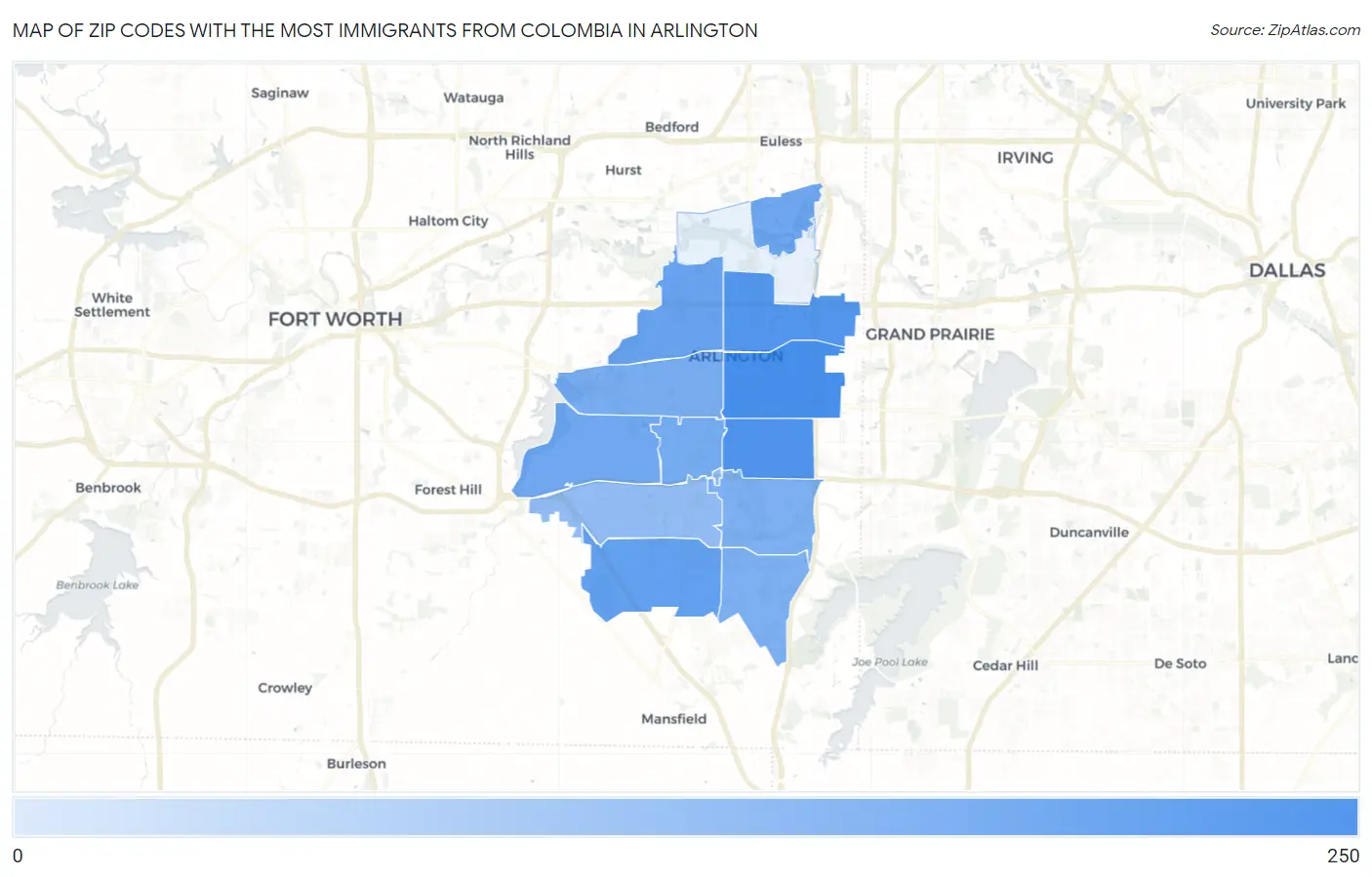 Zip Codes with the Most Immigrants from Colombia in Arlington Map