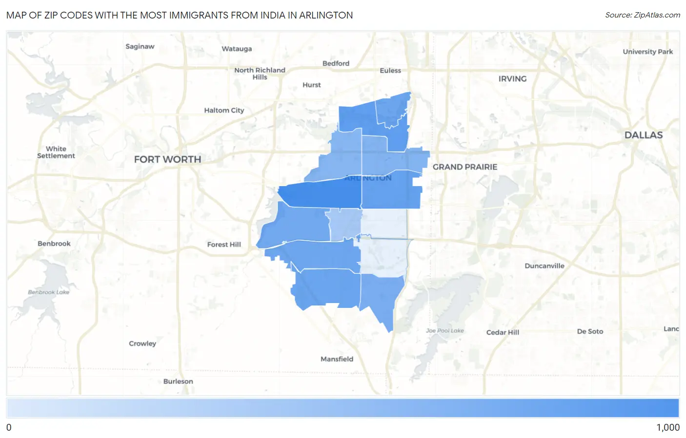 Zip Codes with the Most Immigrants from India in Arlington Map