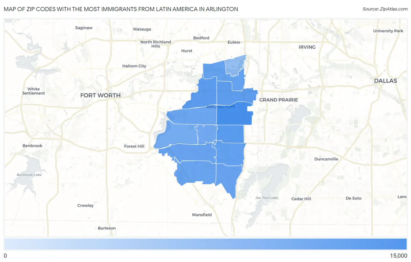 Zip Codes with the Most Immigrants from Latin America in Arlington Map