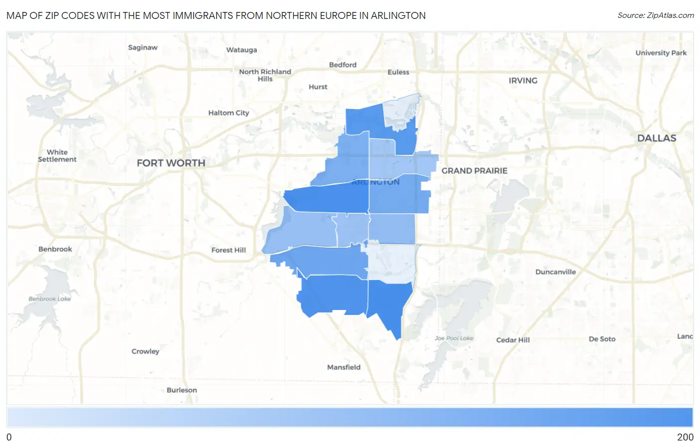 Zip Codes with the Most Immigrants from Northern Europe in Arlington Map