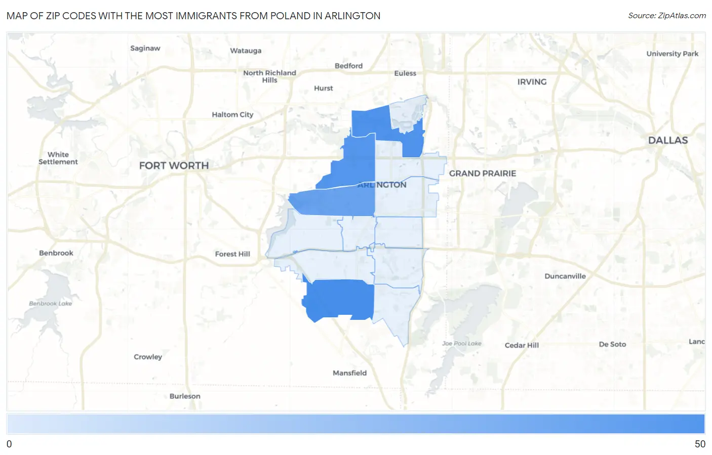 Zip Codes with the Most Immigrants from Poland in Arlington Map
