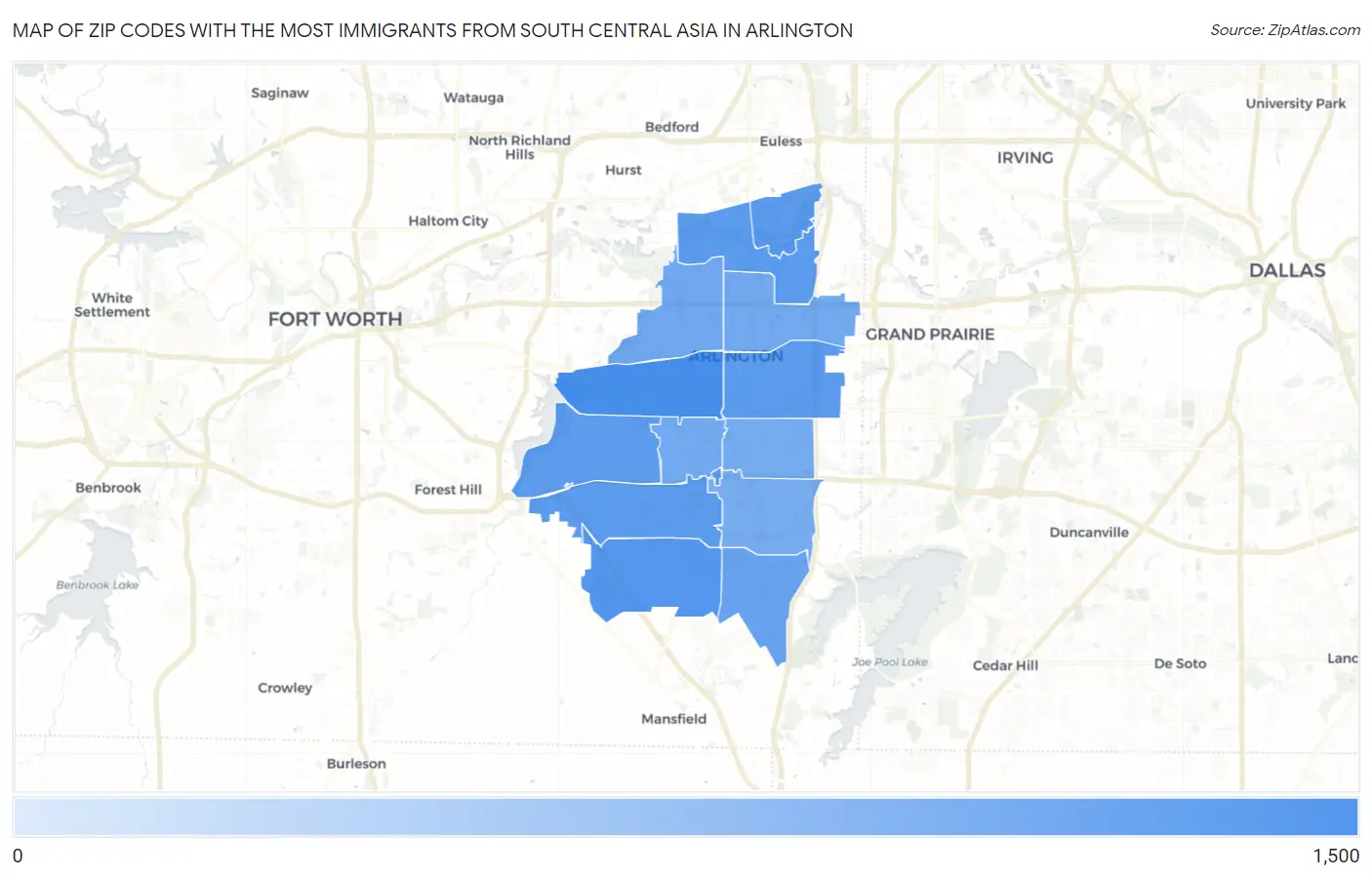 Zip Codes with the Most Immigrants from South Central Asia in Arlington Map