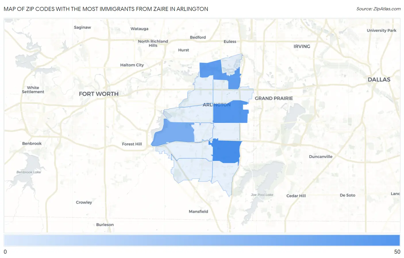 Zip Codes with the Most Immigrants from Zaire in Arlington Map