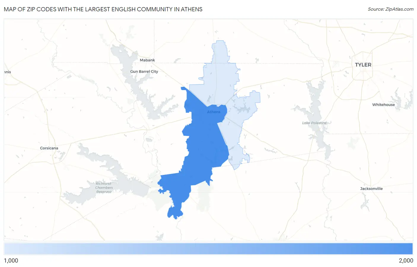 Zip Codes with the Largest English Community in Athens Map