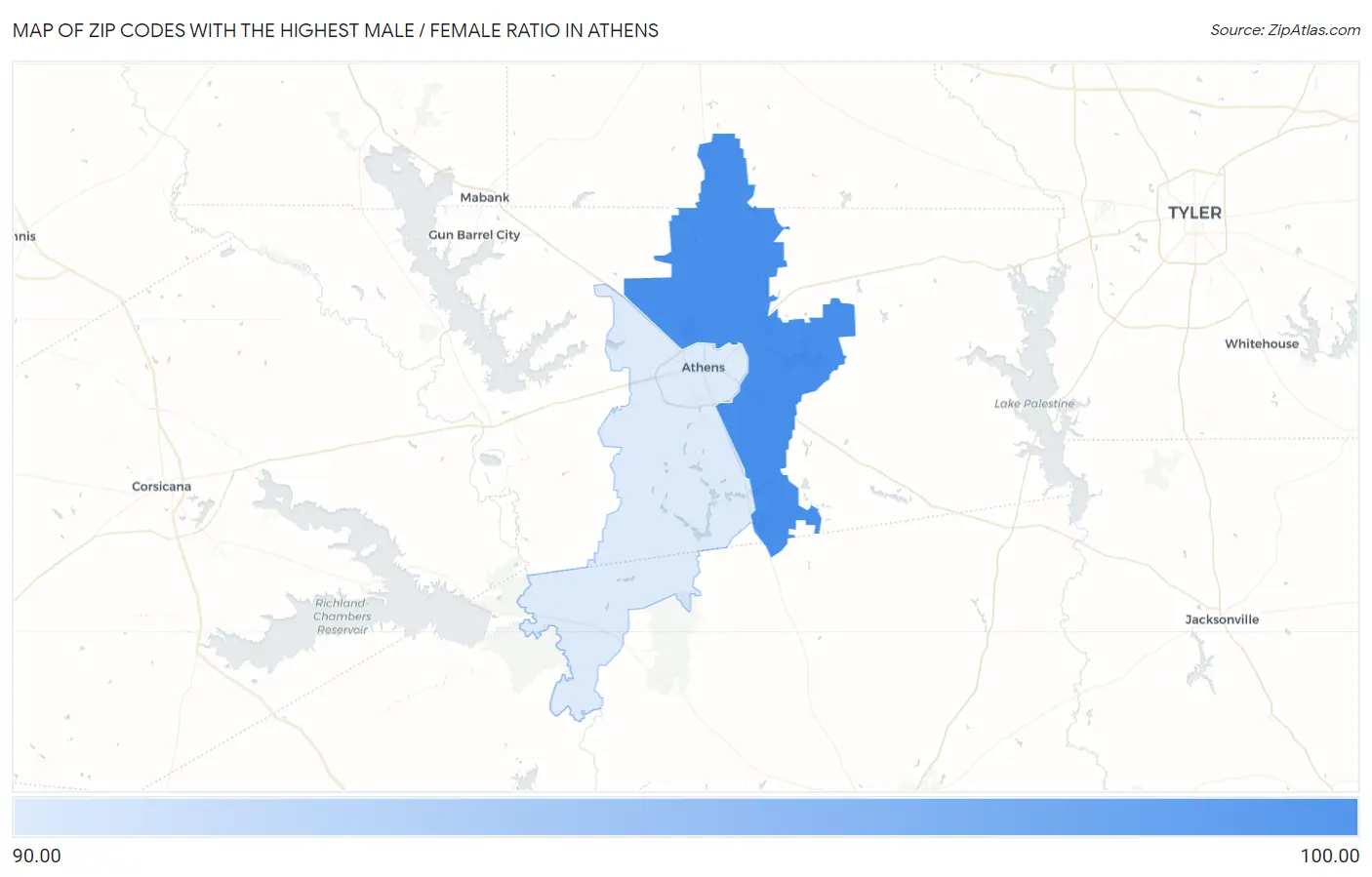 Zip Codes with the Highest Male / Female Ratio in Athens Map