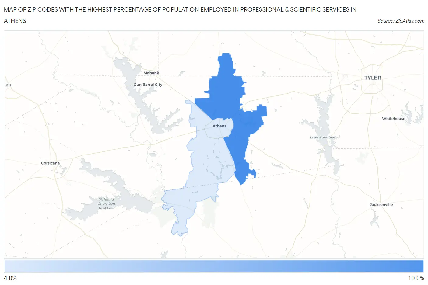Zip Codes with the Highest Percentage of Population Employed in Professional & Scientific Services in Athens Map