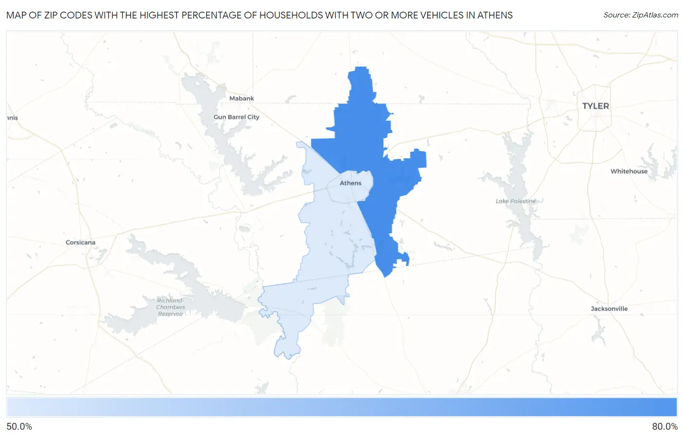 Zip Codes with the Highest Percentage of Households With Two or more Vehicles in Athens Map