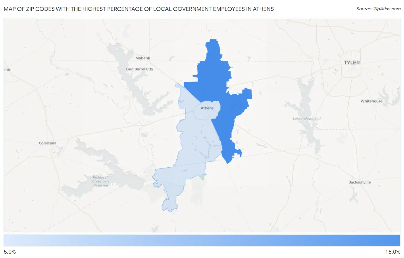 Zip Codes with the Highest Percentage of Local Government Employees in Athens Map