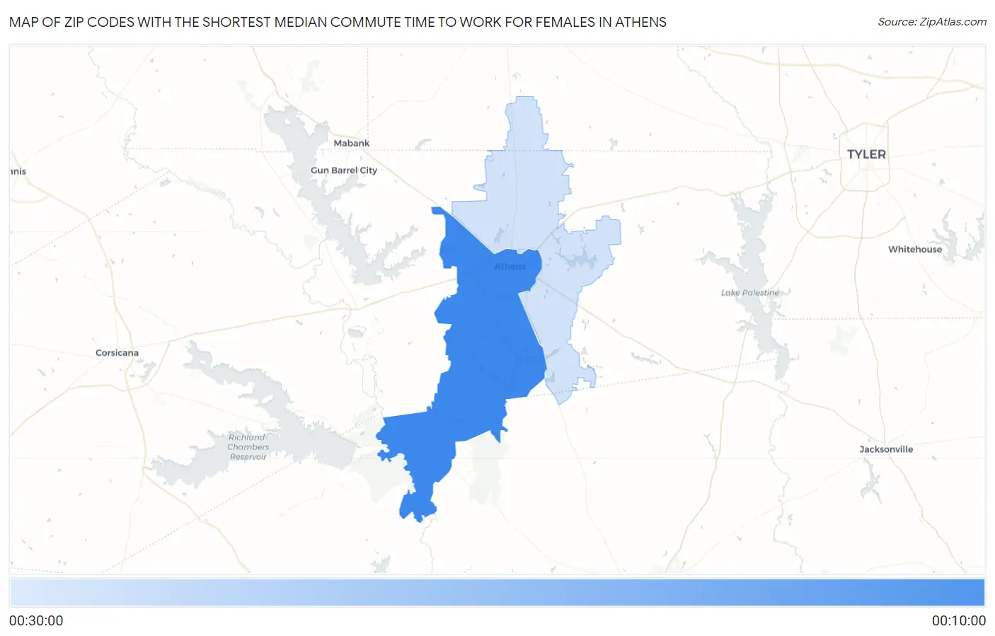 Zip Codes with the Shortest Median Commute Time to Work for Females in Athens Map