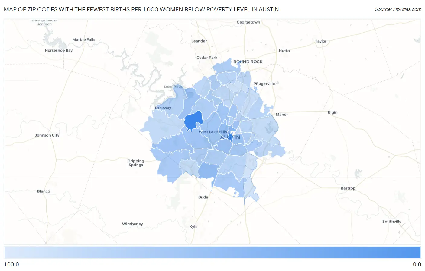 Zip Codes with the Fewest Births per 1,000 Women Below Poverty Level in Austin Map
