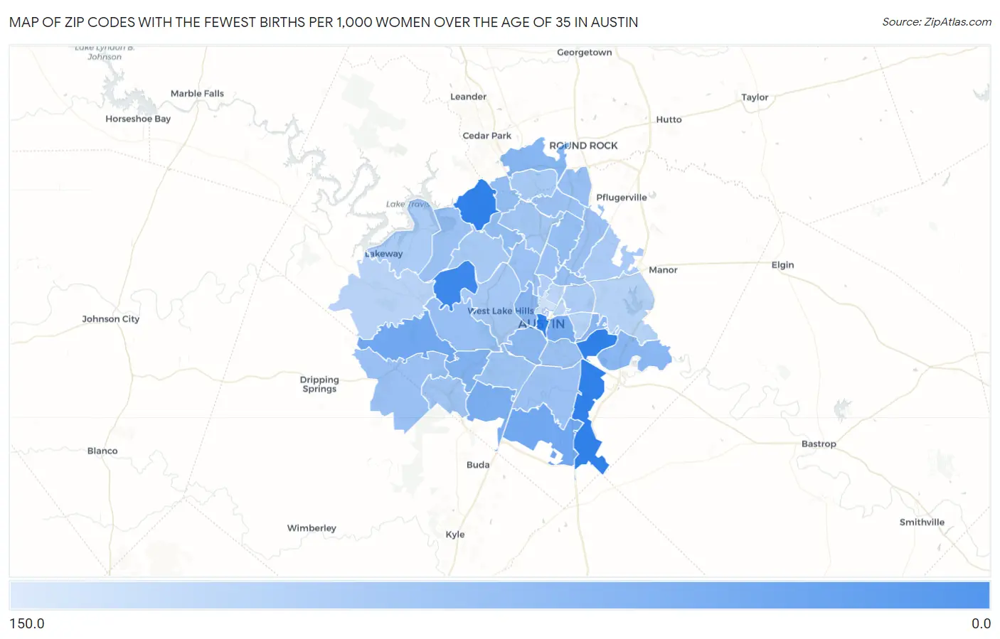 Zip Codes with the Fewest Births per 1,000 Women Over the Age of 35 in Austin Map