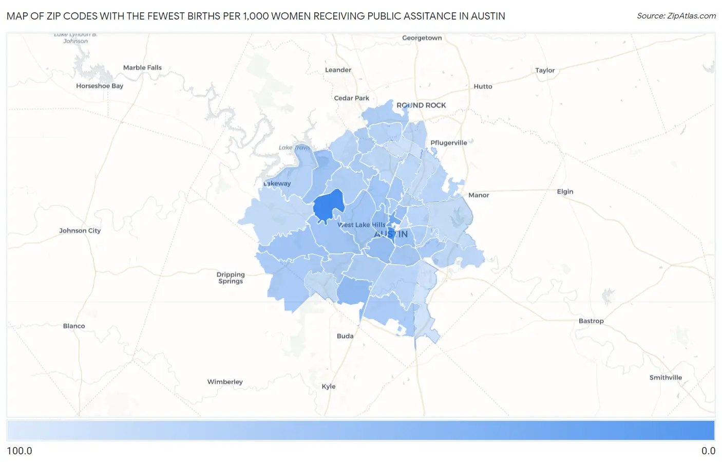 Zip Codes with the Fewest Births per 1,000 Women Receiving Public Assitance in Austin Map
