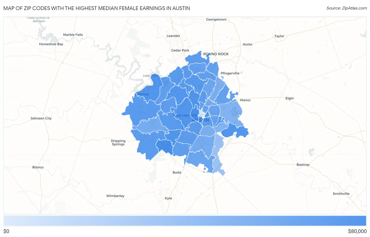 Zip Codes with the Highest Median Female Earnings in Austin Map