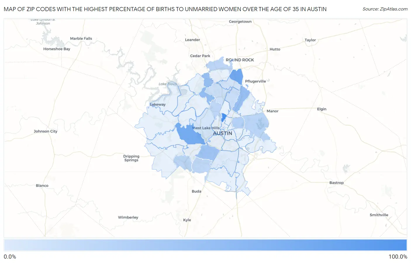 Zip Codes with the Highest Percentage of Births to Unmarried Women over the Age of 35 in Austin Map