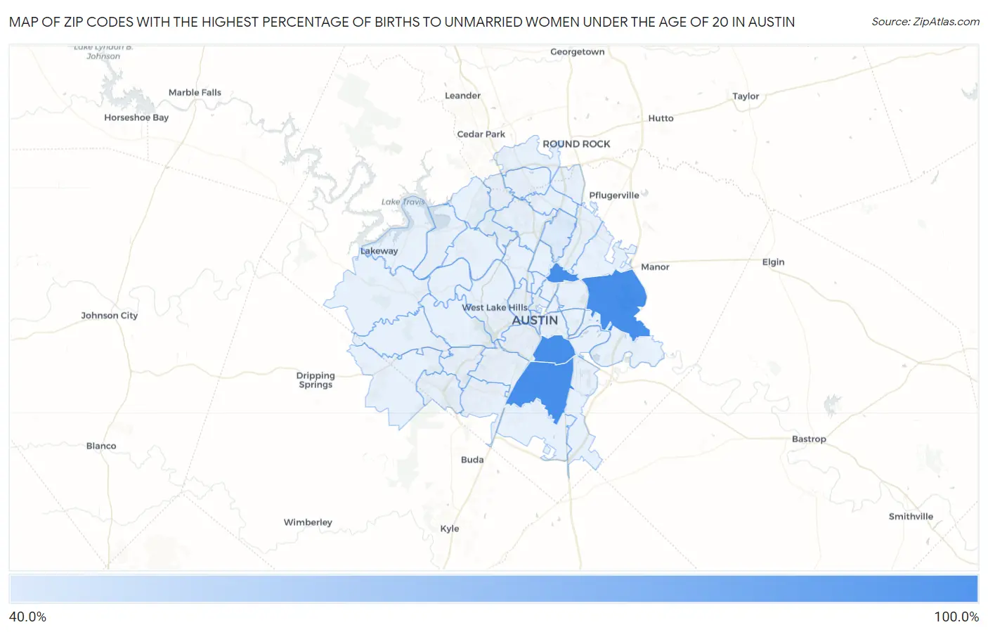 Zip Codes with the Highest Percentage of Births to Unmarried Women under the Age of 20 in Austin Map