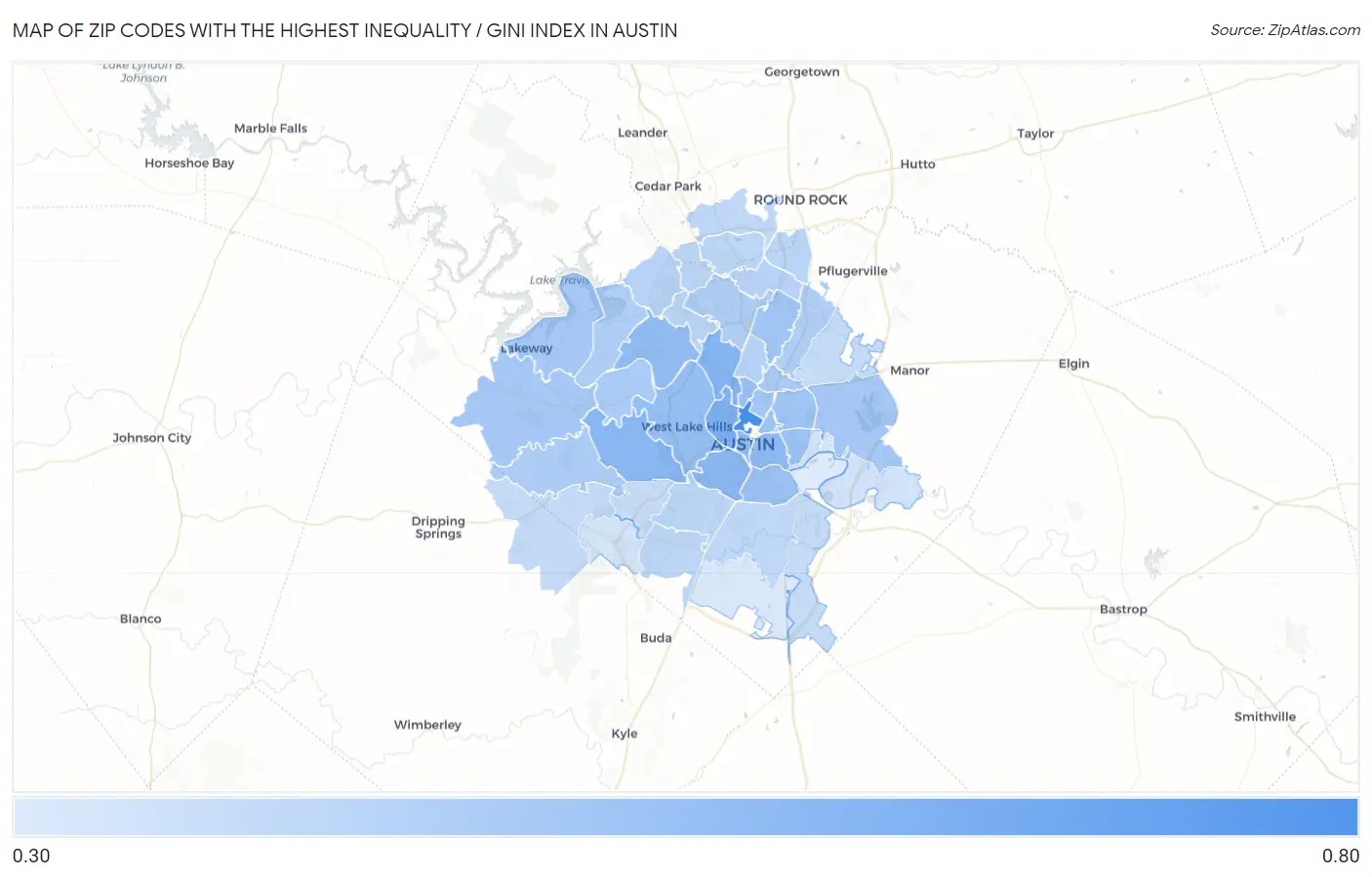 Zip Codes with the Highest Inequality / Gini Index in Austin Map