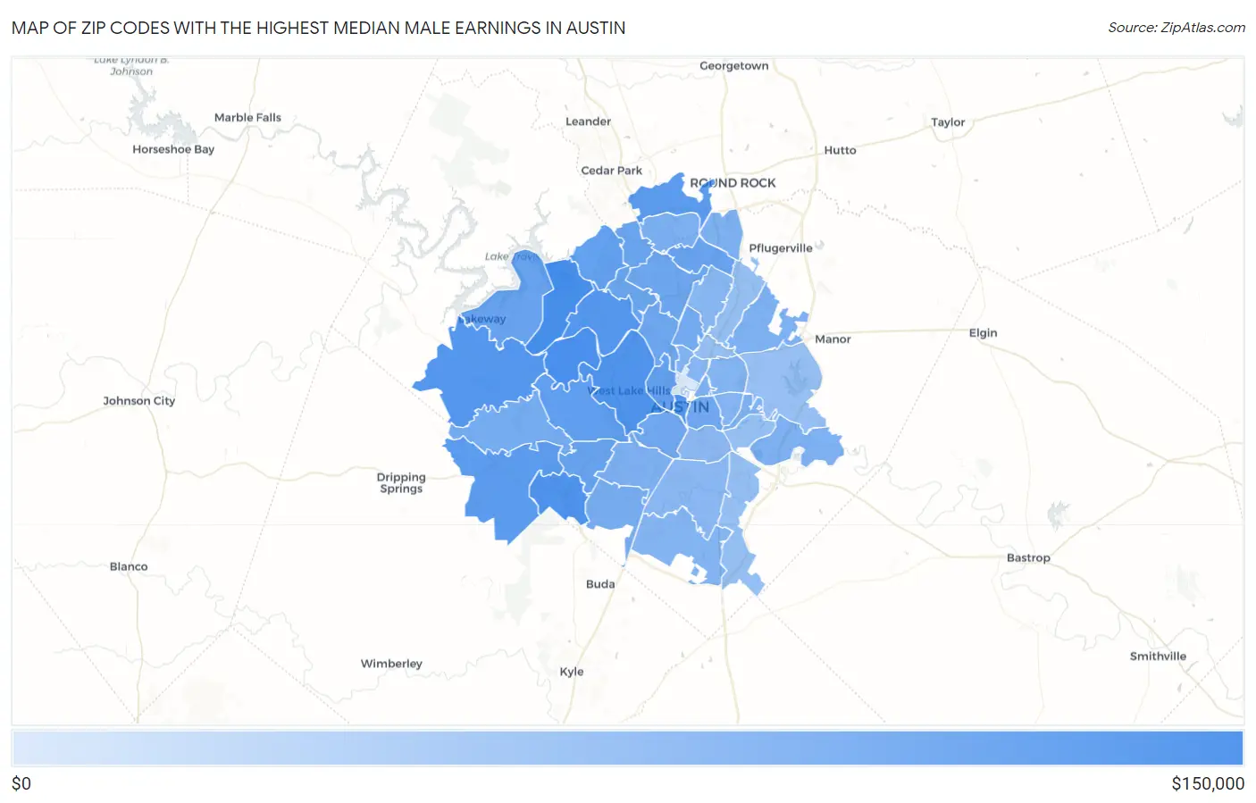 Zip Codes with the Highest Median Male Earnings in Austin Map