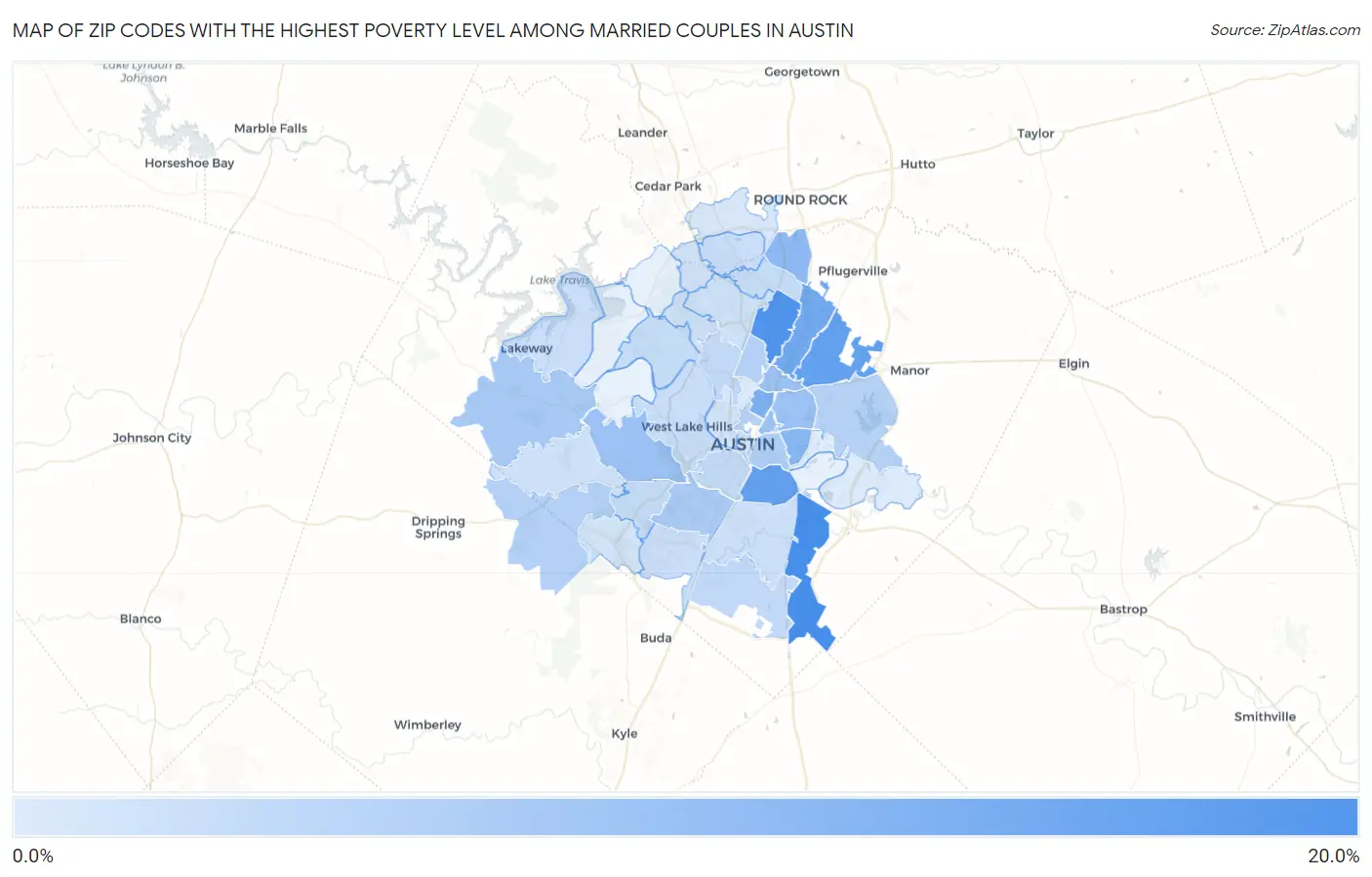 Zip Codes with the Highest Poverty Level Among Married Couples in Austin Map