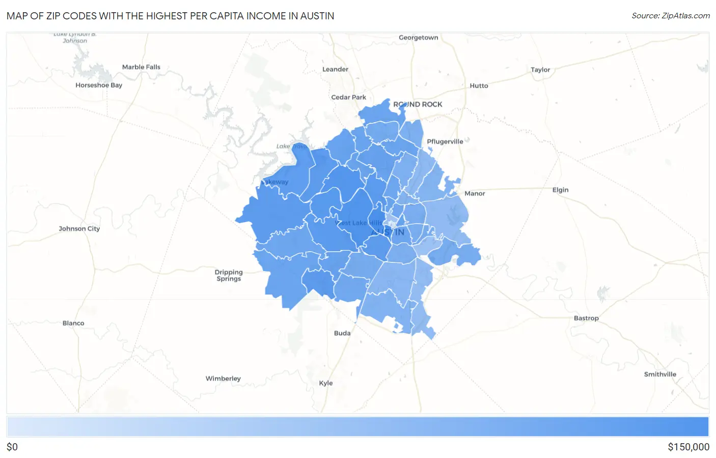 Zip Codes with the Highest Per Capita Income in Austin Map