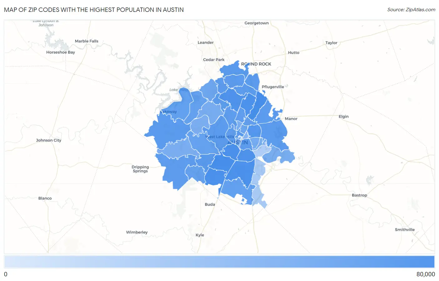 Zip Codes with the Highest Population in Austin Map