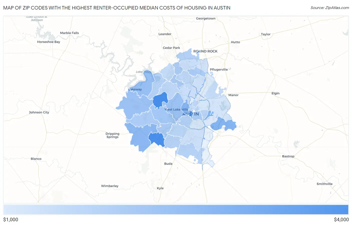 Zip Codes with the Highest Renter-Occupied Median Costs of Housing in Austin Map