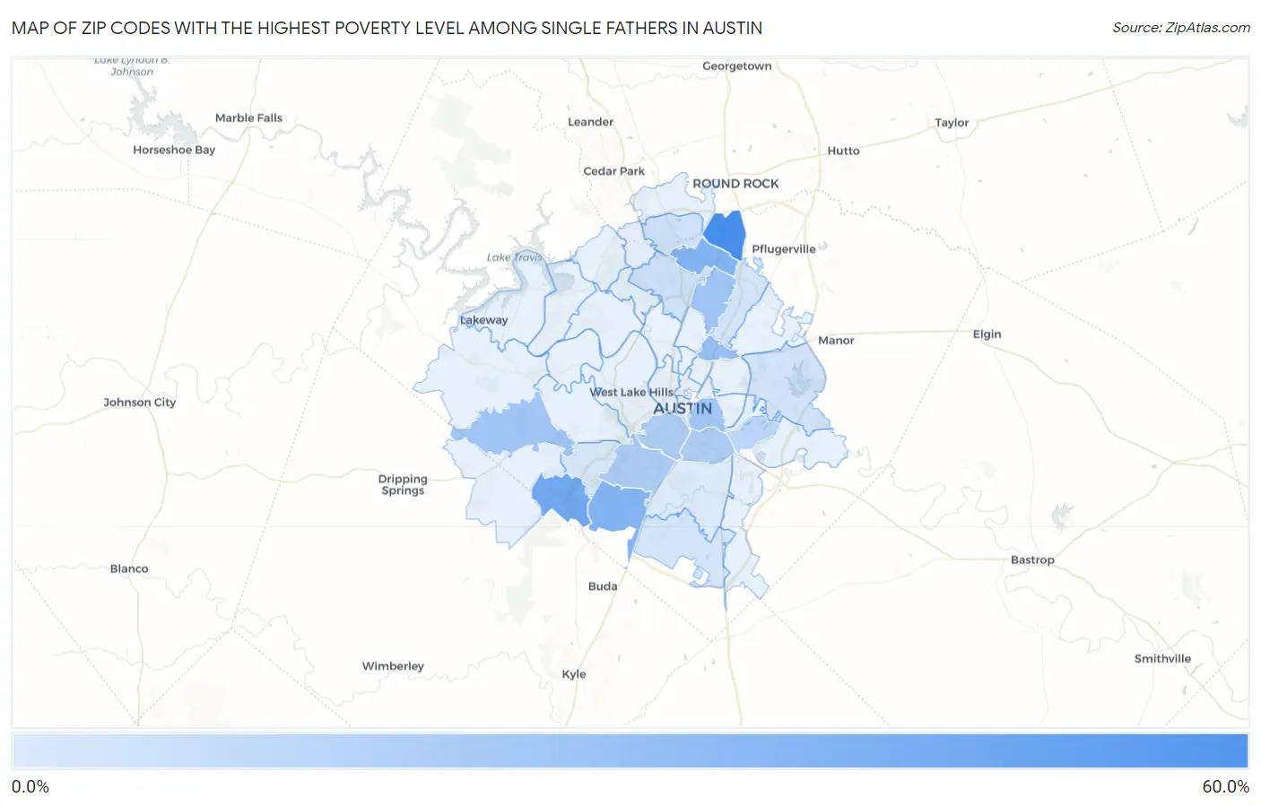 Zip Codes with the Highest Poverty Level Among Single Fathers in Austin Map
