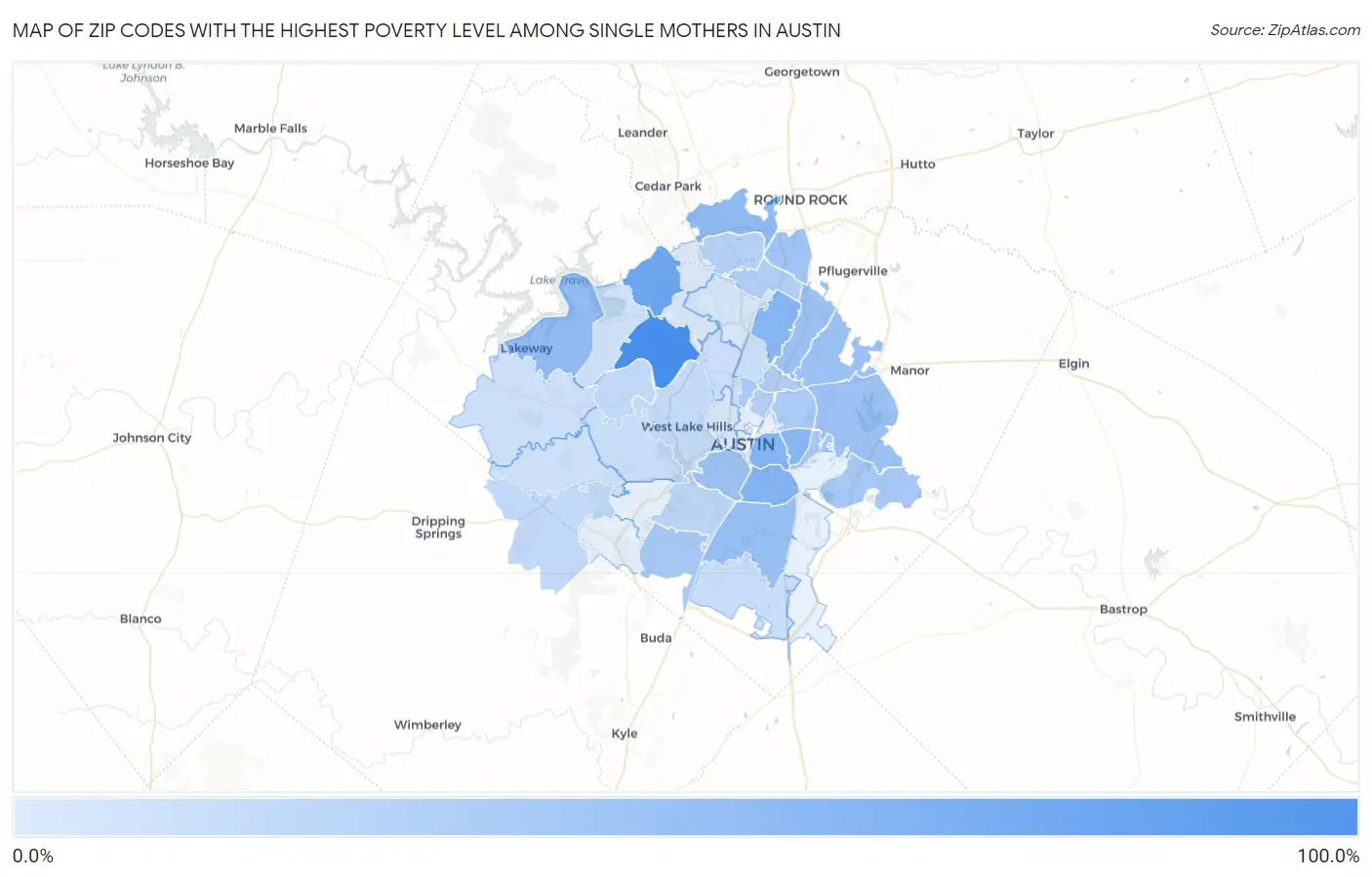 Zip Codes with the Highest Poverty Level Among Single Mothers in Austin Map