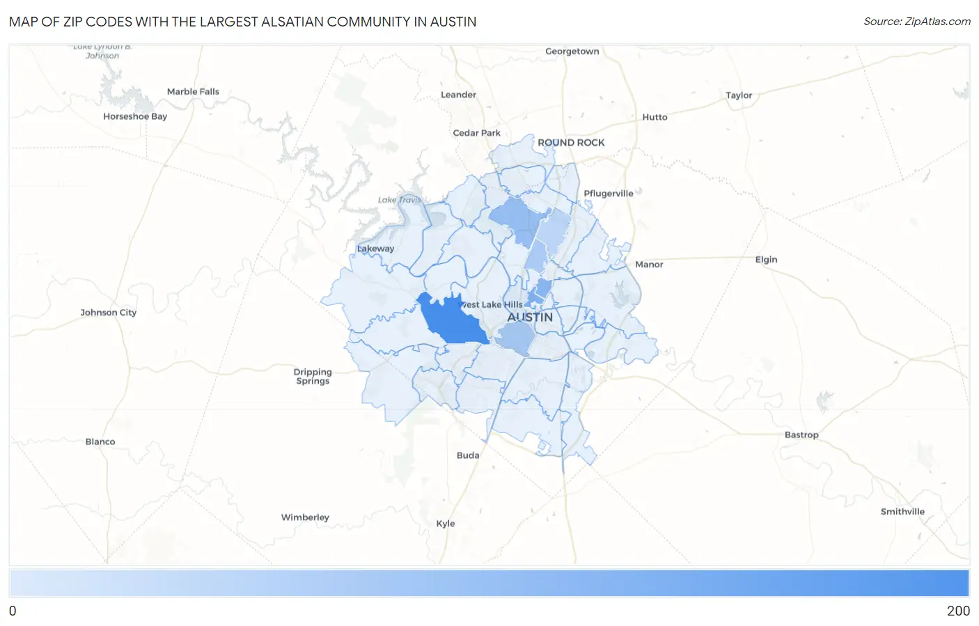 Zip Codes with the Largest Alsatian Community in Austin Map