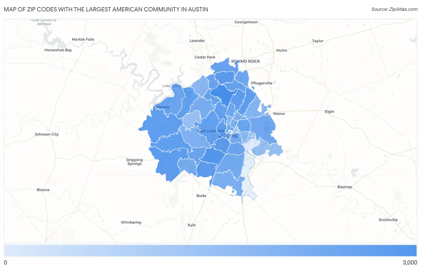 Zip Codes with the Largest American Community in Austin Map