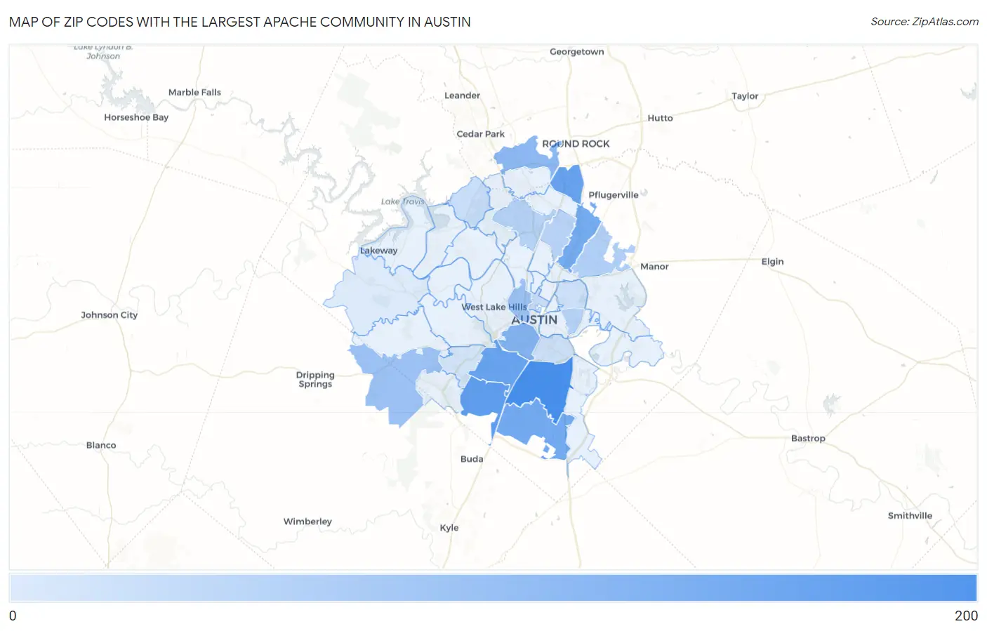 Zip Codes with the Largest Apache Community in Austin Map