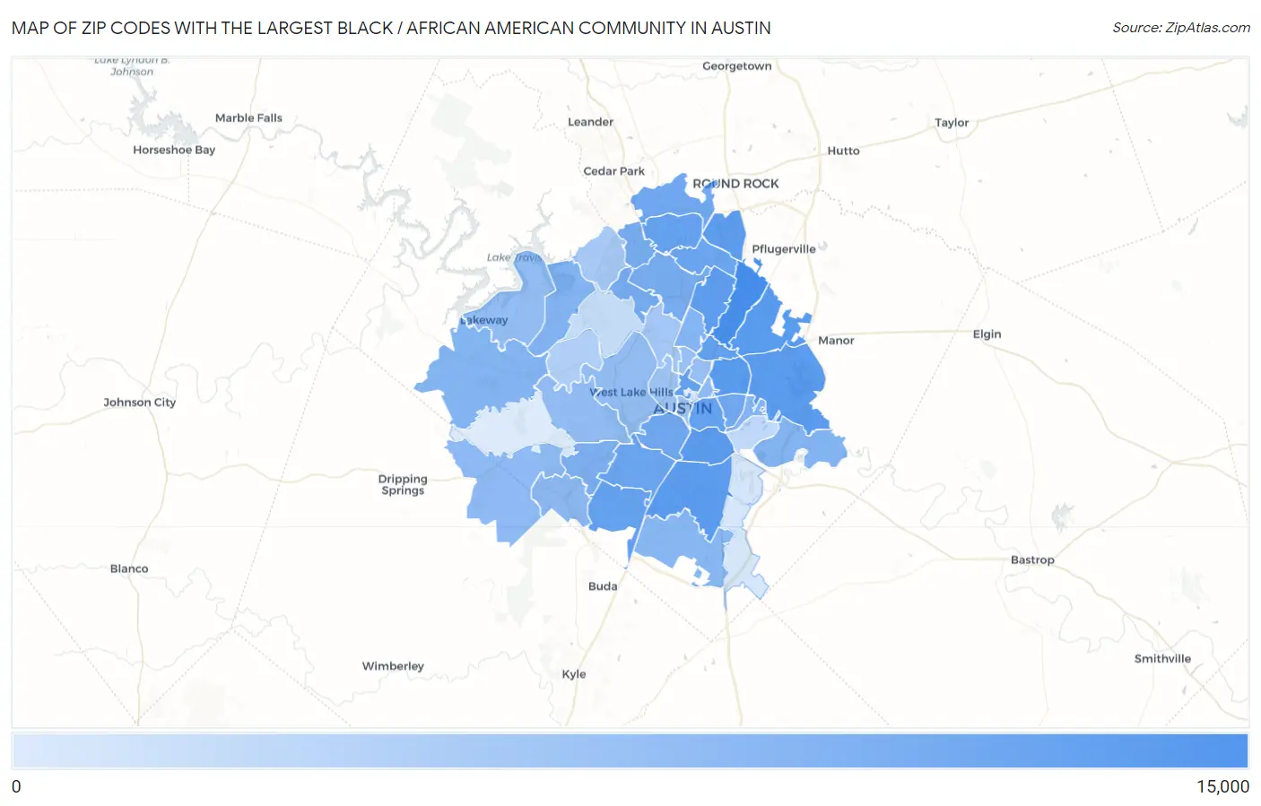 Zip Codes with the Largest Black / African American Community in Austin Map