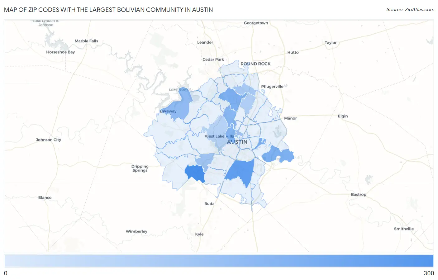 Zip Codes with the Largest Bolivian Community in Austin Map