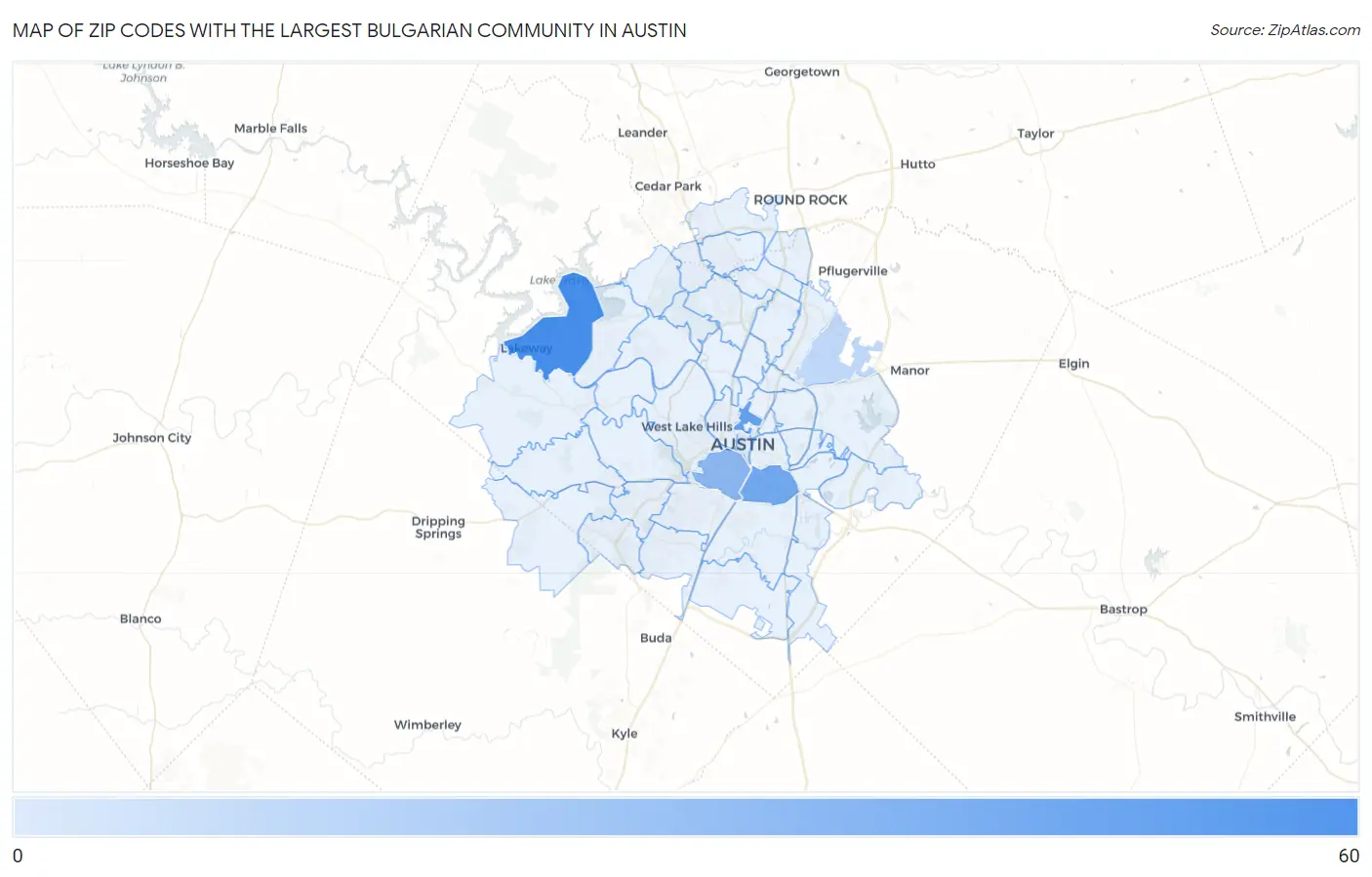 Zip Codes with the Largest Bulgarian Community in Austin Map