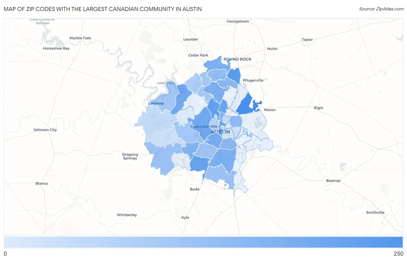 Zip Codes with the Largest Canadian Community in Austin Map