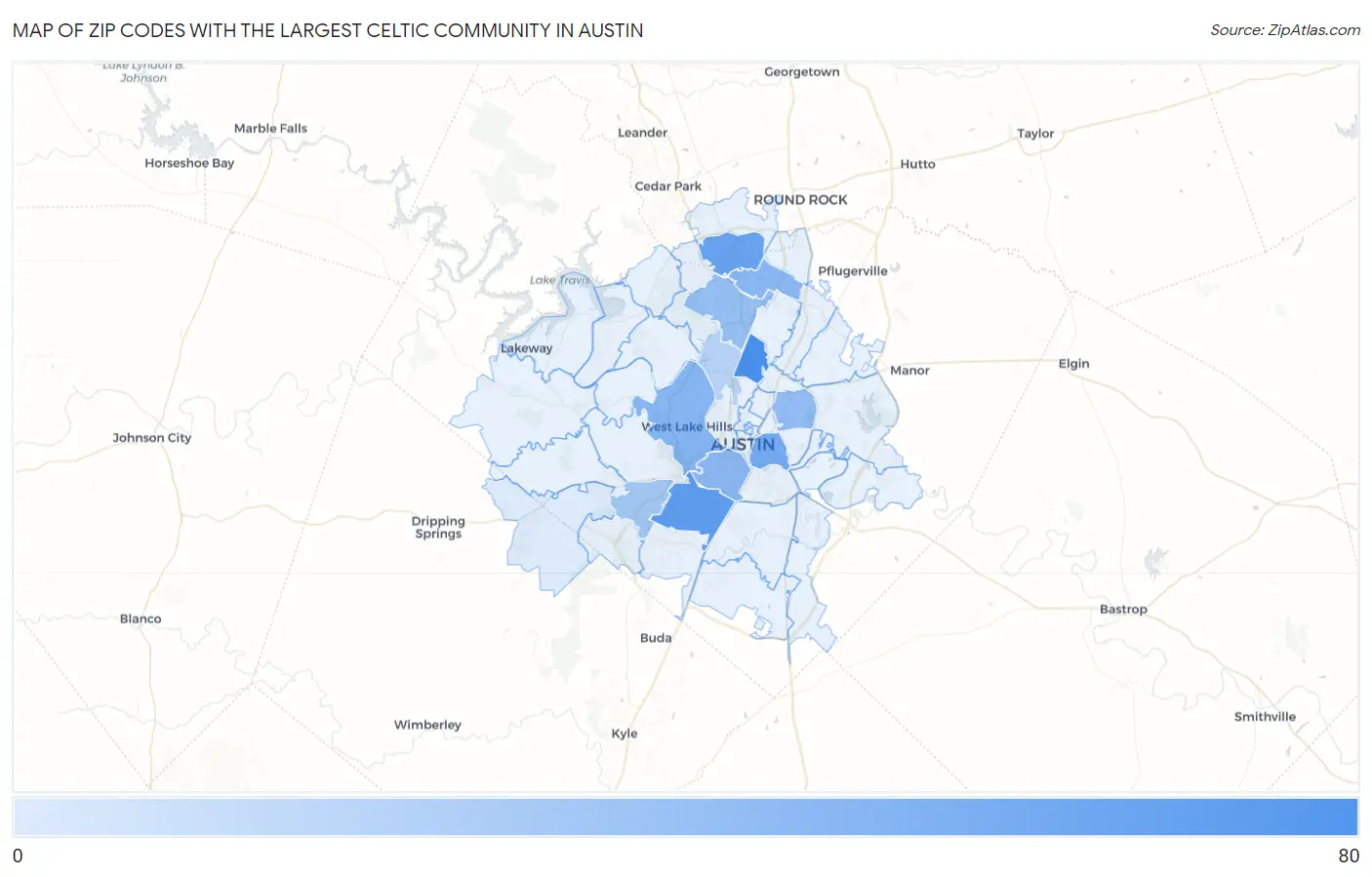Zip Codes with the Largest Celtic Community in Austin Map