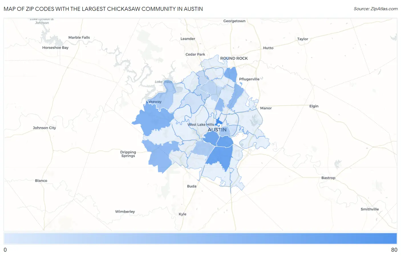 Zip Codes with the Largest Chickasaw Community in Austin Map