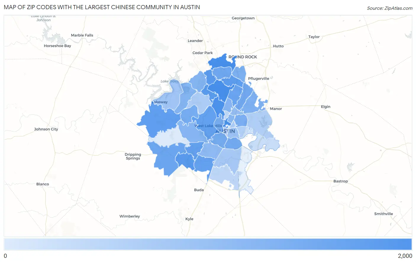 Zip Codes with the Largest Chinese Community in Austin Map