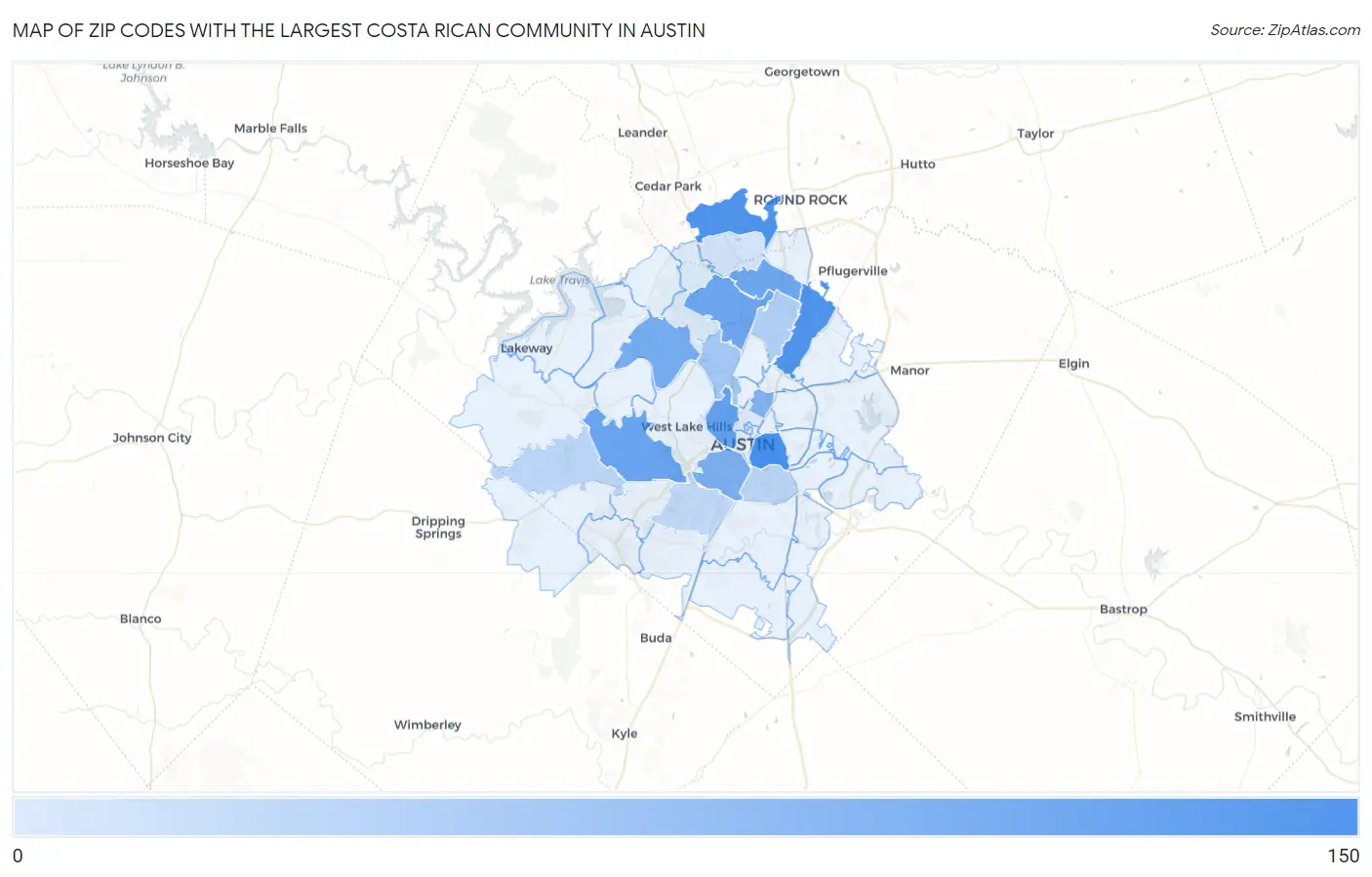 Zip Codes with the Largest Costa Rican Community in Austin Map