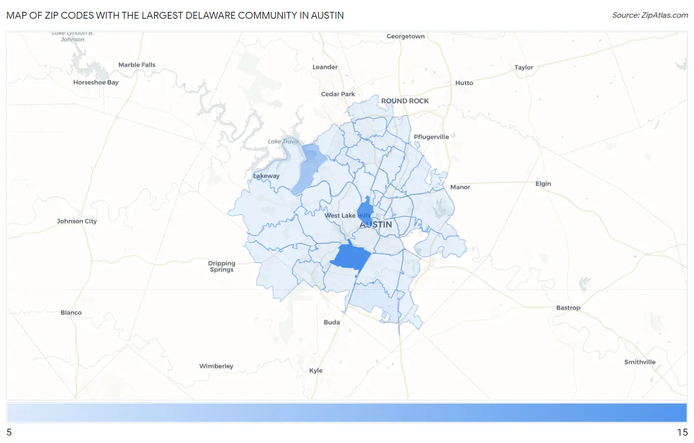 Zip Codes with the Largest Delaware Community in Austin Map
