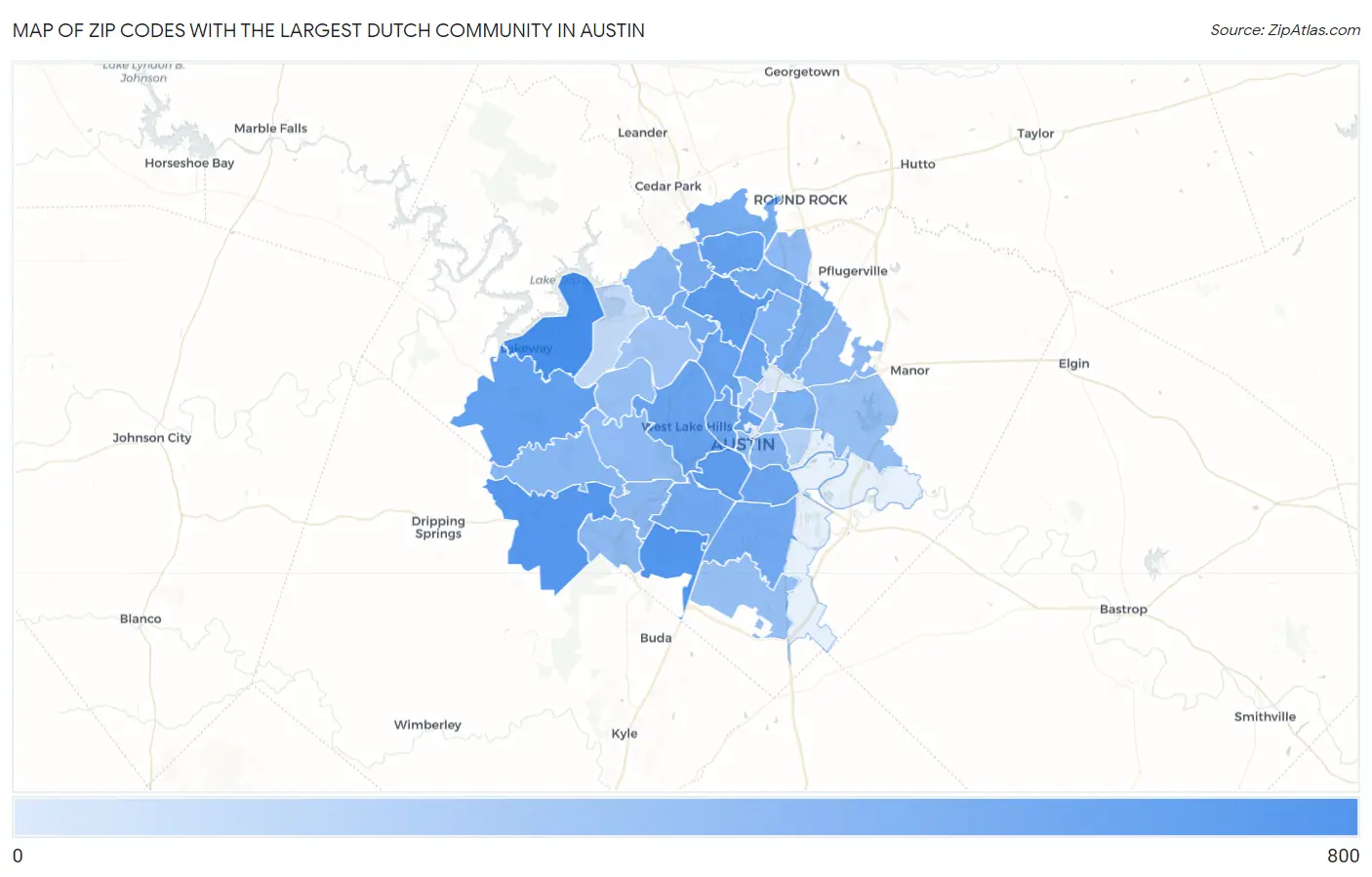 Zip Codes with the Largest Dutch Community in Austin Map