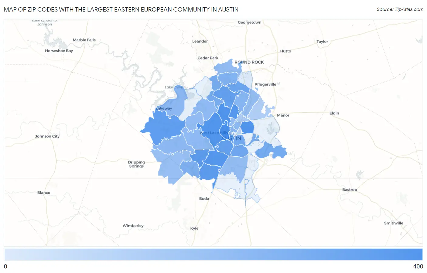 Zip Codes with the Largest Eastern European Community in Austin Map