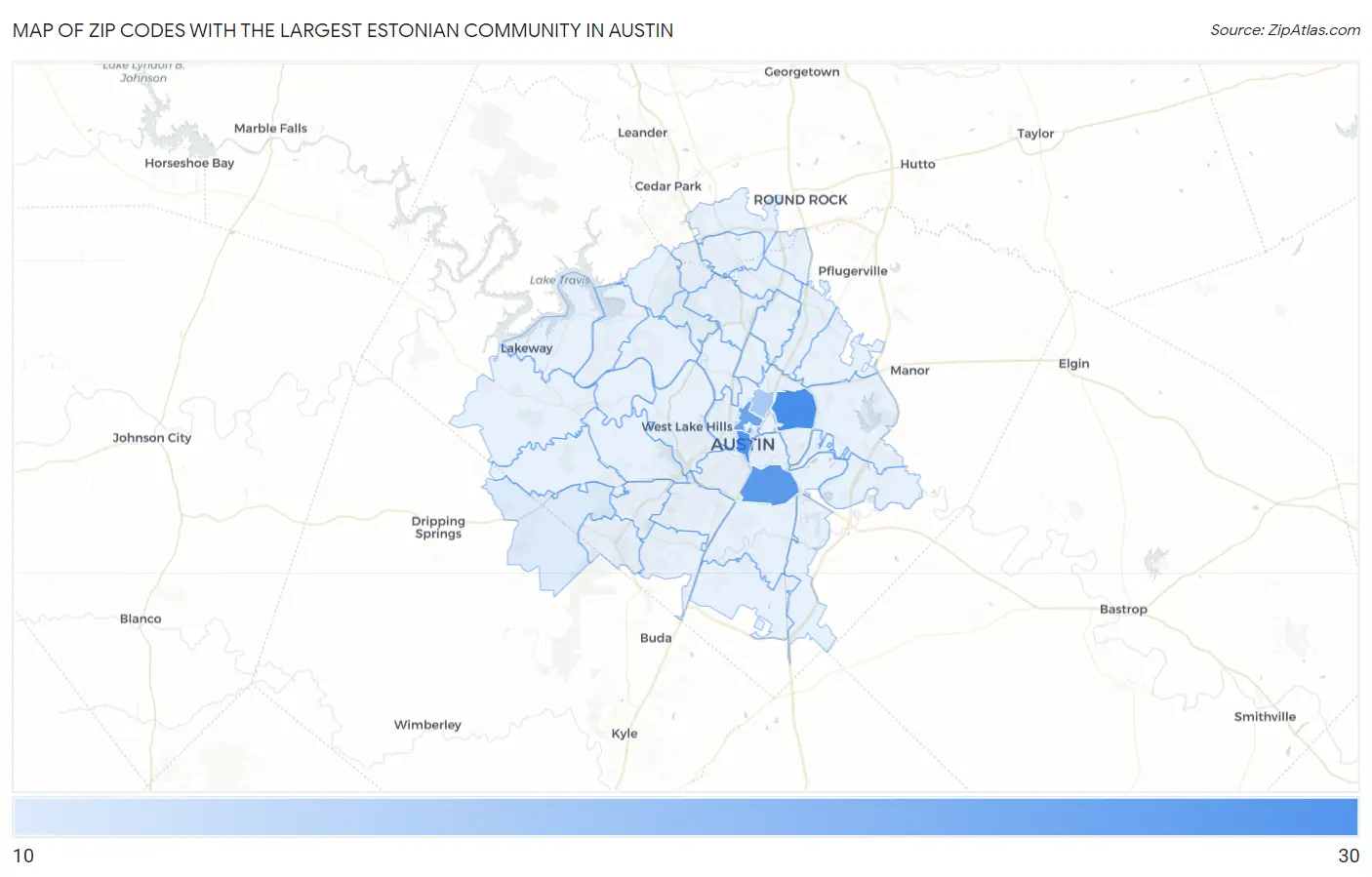 Zip Codes with the Largest Estonian Community in Austin Map
