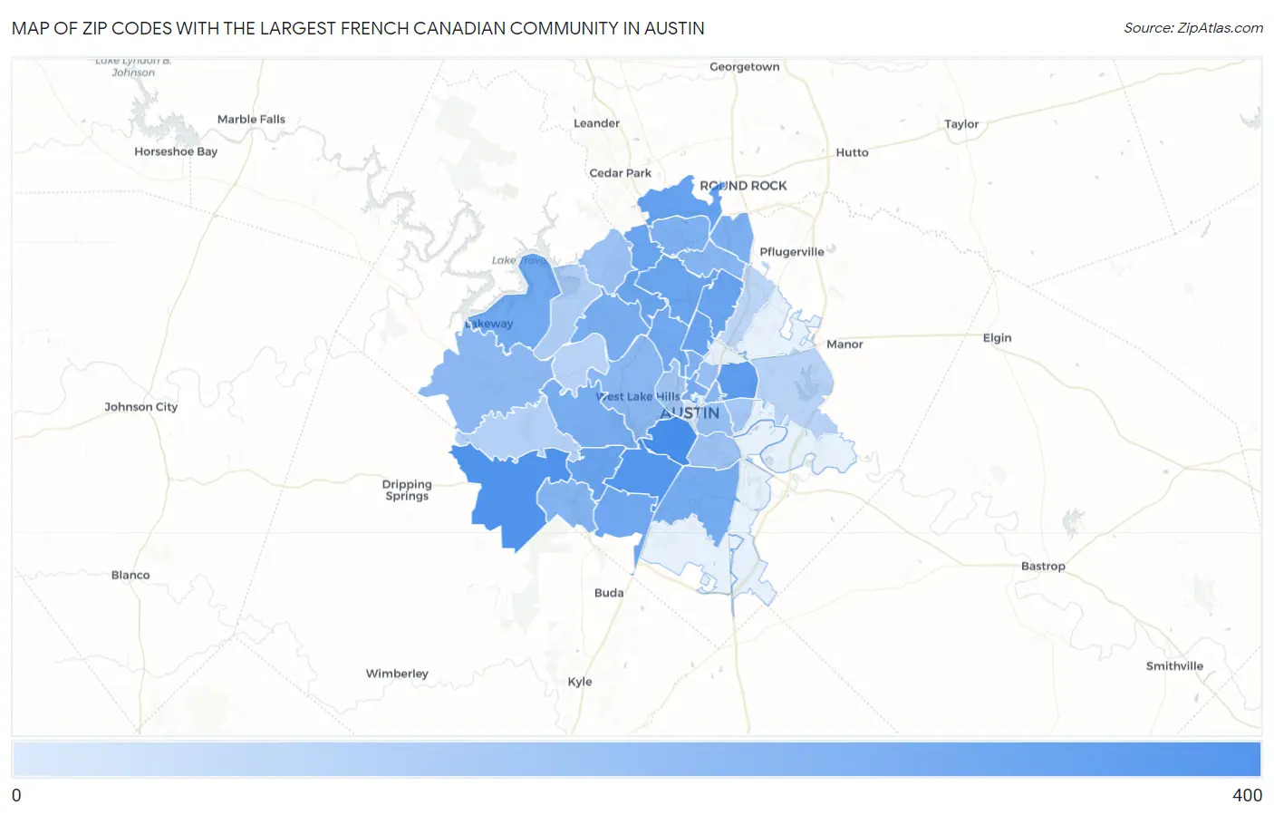 Zip Codes with the Largest French Canadian Community in Austin Map