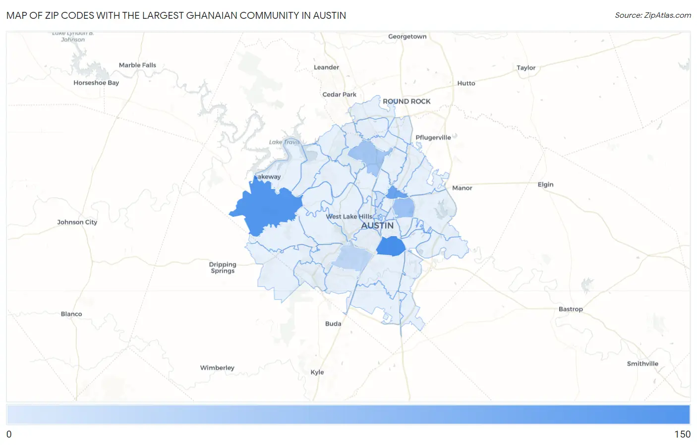 Zip Codes with the Largest Ghanaian Community in Austin Map