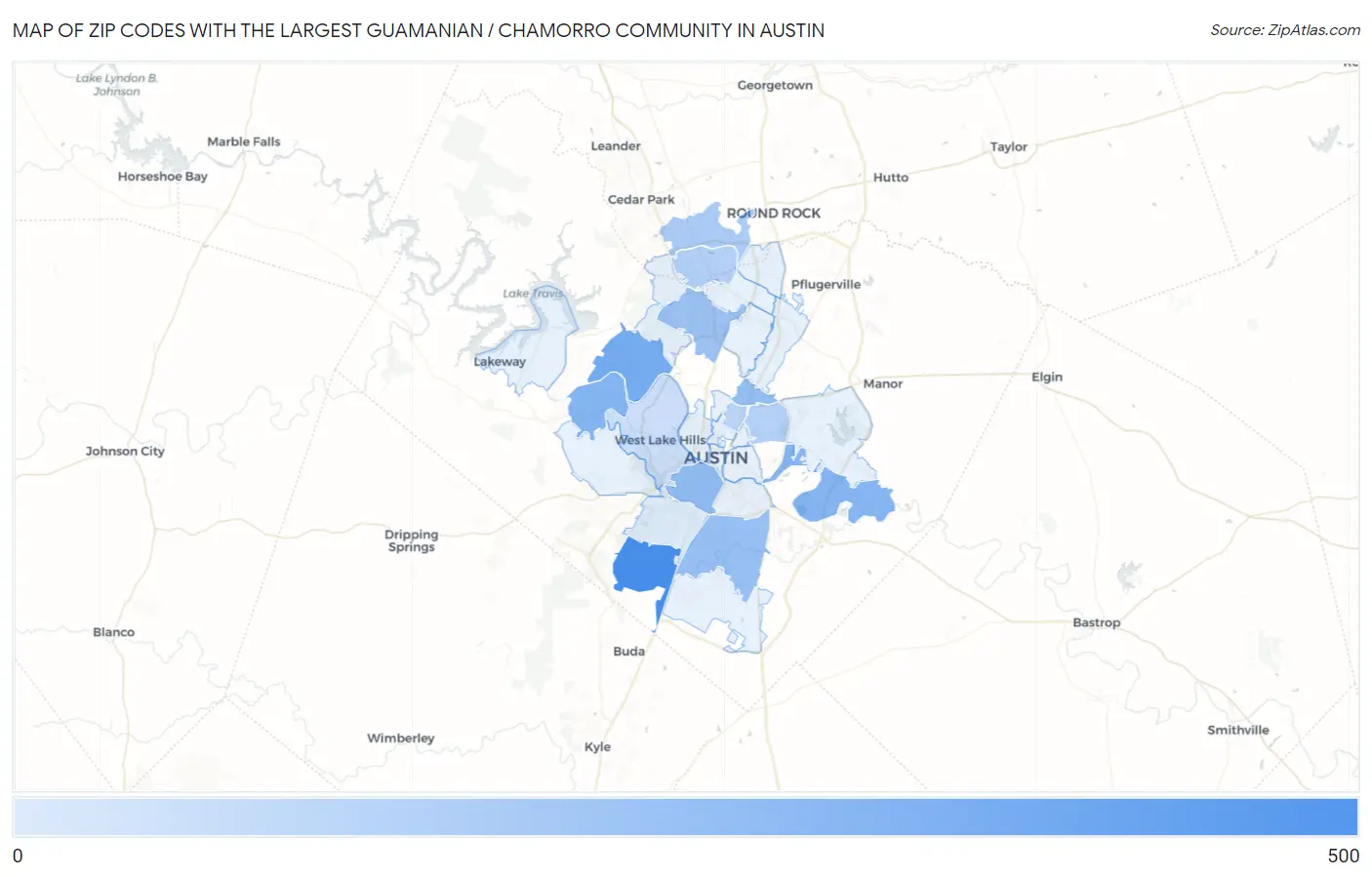 Zip Codes with the Largest Guamanian / Chamorro Community in Austin Map